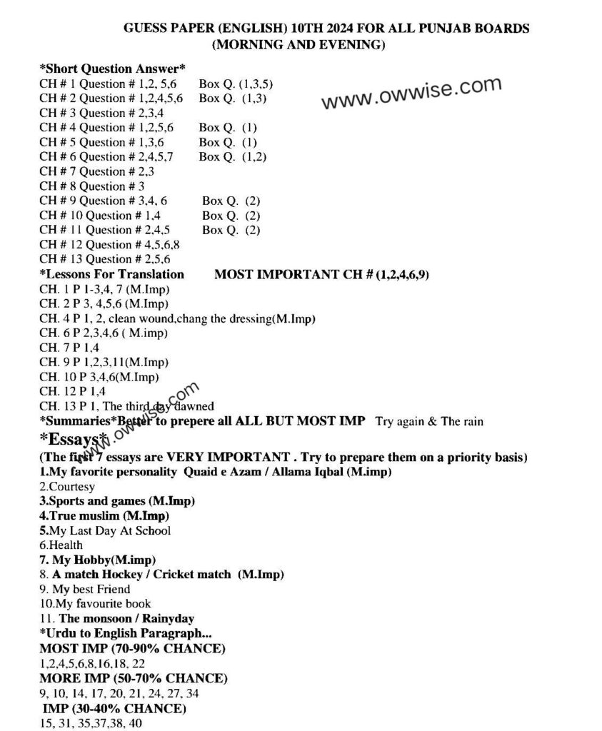 10th class 100% Guess for all punjab 2024 - Owwise